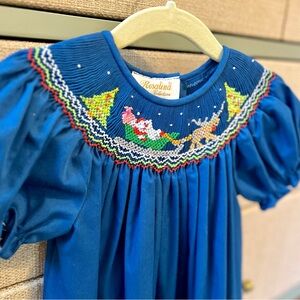 Charming Christmas Smocked Dress with Santa and Reindeer Embroidery. Holiday 🎄